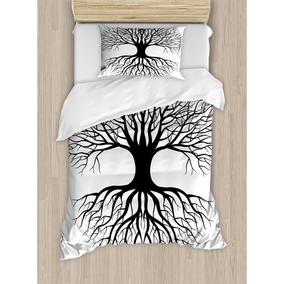 Tree of Life Duvet Cover Set, Plant Silhouette Roots and Branches Reflection Shadow Monochrome Illustration, Decorative 2 Piece Bedding Set with 1 Pillow Shams, Twin Size, Black White, by Ambesonne
