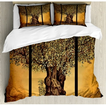 Tree of Life Duvet Cover Set Queen Size, Triptych of Old Mature Olive Tree Mediterranean Greece Style Nature Graphic, Decorative 3 Piece Bedding Set with 2 Pillow Shams, Multicolor, by Ambesonne