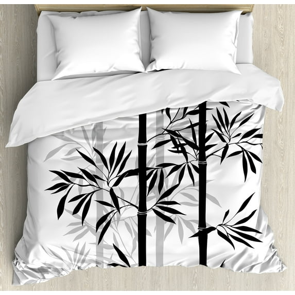 Tree of Life Duvet Cover Set, Silhouette of Spiritual Bamboo Tree Leaves Japanese Zen Feng Shui Boho Image, Decorative Bedding Set with Pillow Shams, Black White, by Ambesonne