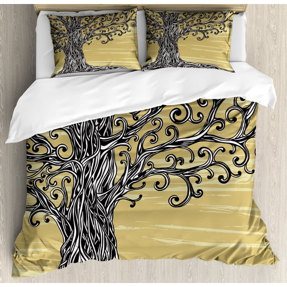 Tree of Life Duvet Cover Set, Swirled Twists Rustic Oak Branches Nature Eco Sketch Illustration, Decorative 3 Piece Bedding Set with 2 Pillow Shams, Queen Size, Mustard Brown, by Ambesonne