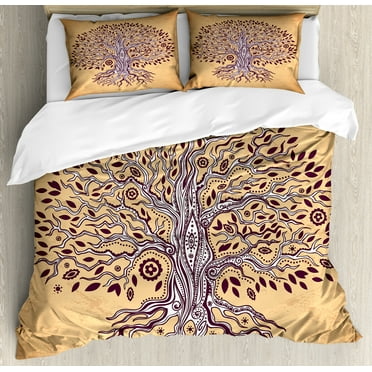 Tree of Life Duvet Cover Set, Vintage Inspired Modern Graphic of an Aged Plant Swirling Branches Print, Decorative 3 Piece Bedding Set with 2 Pillow Shams, Calking Size, Cream Brown, by Ambesonne