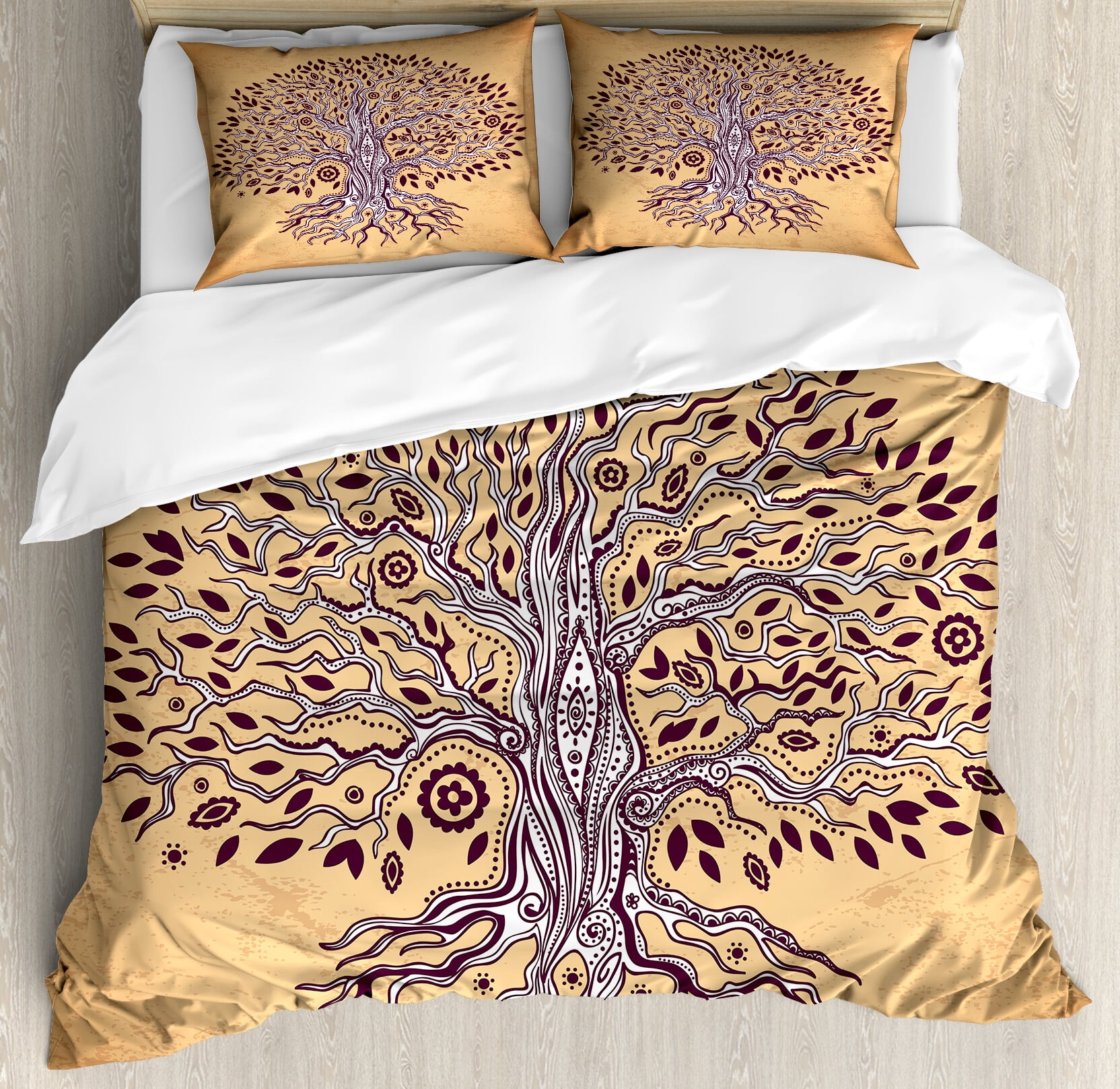 King Cream Brown Microfiber Tree of Life Duvet Cover Set