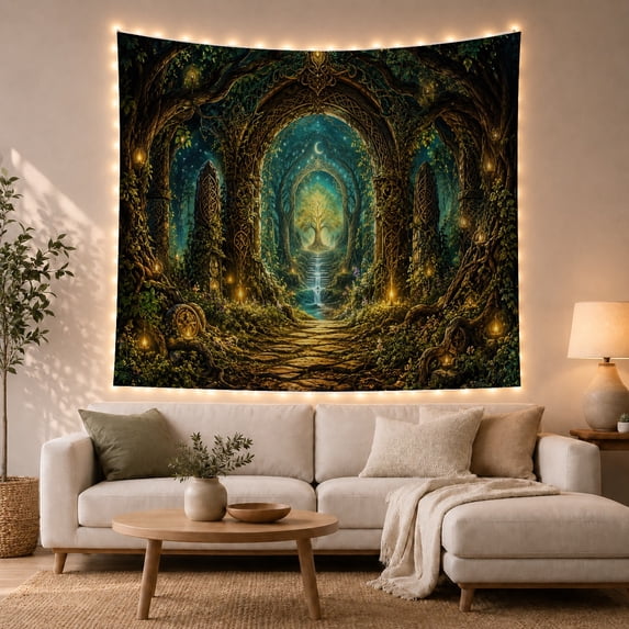 Tree of Life in Enchanted Forest, Mystical Fantasy Nature Wall Art for Nature Lovers, Magical Decor Housewarming Gift Tapestry Wall Hanging for Bedroom, Living Room