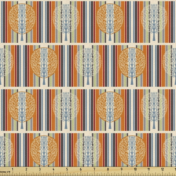Tree of Life Fabric by the Yard, Vintage on Stripes in Vibrant Autumn Tones Forest Nature Pattern, Upholstery Fabric for Dining Chairs Home Decor Accents, 2 Yards, Marigold and Multicolor by Ambesonne