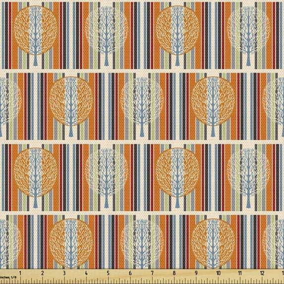 Tree of Life Fabric by the Yard, Vintage on Stripes in Vibrant Autumn Tones Forest Nature Pattern, Upholstery Fabric for Dining Chairs Home Decor Accents, 3 Yards, Marigold and Multicolor by Ambesonne