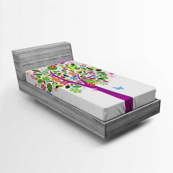 Tree of Life Fitted Sheet, Ornate Vibrant Floral Tree Flying Butterflies Fresh Colors Nature Image Home, Soft Decorative Fabric Bedding, Twin Size, Multicolor, by Ambesonne
