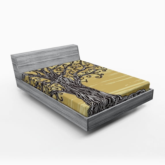 Ambesonne Tree of Life Fitted Sheet, Nature Eco Sketchy, Full Size, Mustard Brown