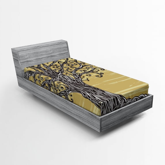 Ambesonne Tree of Life Fitted Sheet, Nature Eco Sketchy, Twin Size, Mustard Brown