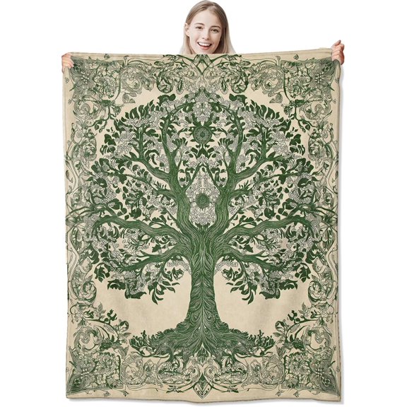 Tree of Life Flannel Throw Blanket 50x60 Inch, Green Botanical Design on Beige Background Blankets Soft Cozy Fleece Throws for Adults Bed Sofa Dorm Living Room Boho Home Decor Gifts