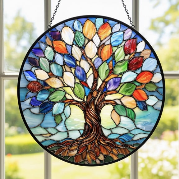 Tree Of Life Glass Suncatcher, Colorful Rainbow Leaves Window Hanging, Spiritual Home Decor, Housewarming Gift, Gift For Mom, Suncatcher Window Hanging, 7.9 in