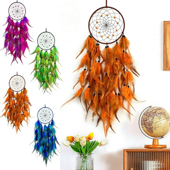 Tree of Life Hanging Dreamcatcher Wall Art | Woven Multicolor Feather Interior Décor | Boho Style Room Ornament - 73x16cm | Living Room Office Decoration