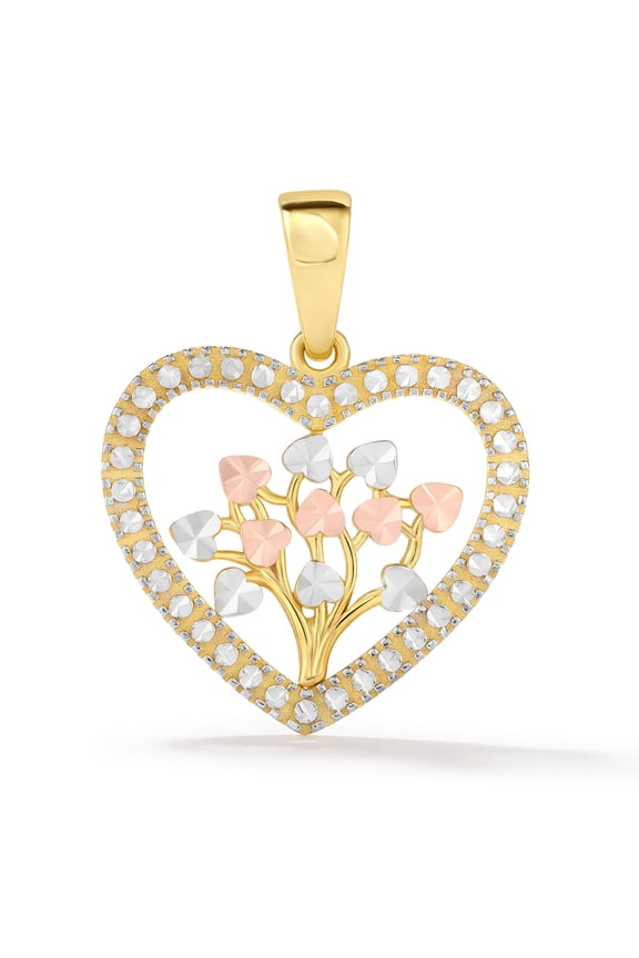 Tree of Life Heart Pendant for Women, Diamond Cut for Extra Shine in 10K Tri-Color Gold with a Matching Adjustable Genuine Gold Chain, Length No Chain