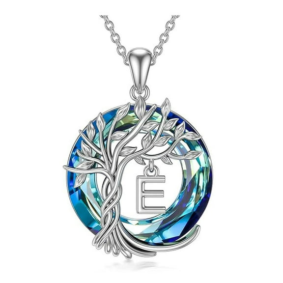 Tree of Life Initial Necklace 925 Sterling Silver Initial A-Z Letter Pendant with Blue Circle Crystal Family Tree Jewelry Anniversary Birthday Christmas Gifts for Women Her Wife Mom