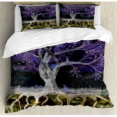 Tree of Life King Size Duvet Cover Set, Psychedelic Magical Mysterious Tree at Night with Birds and Fishes Home Art, Decorative 3 Piece Bedding Set with 2 Pillow Shams, Multicolor, by Ambesonne