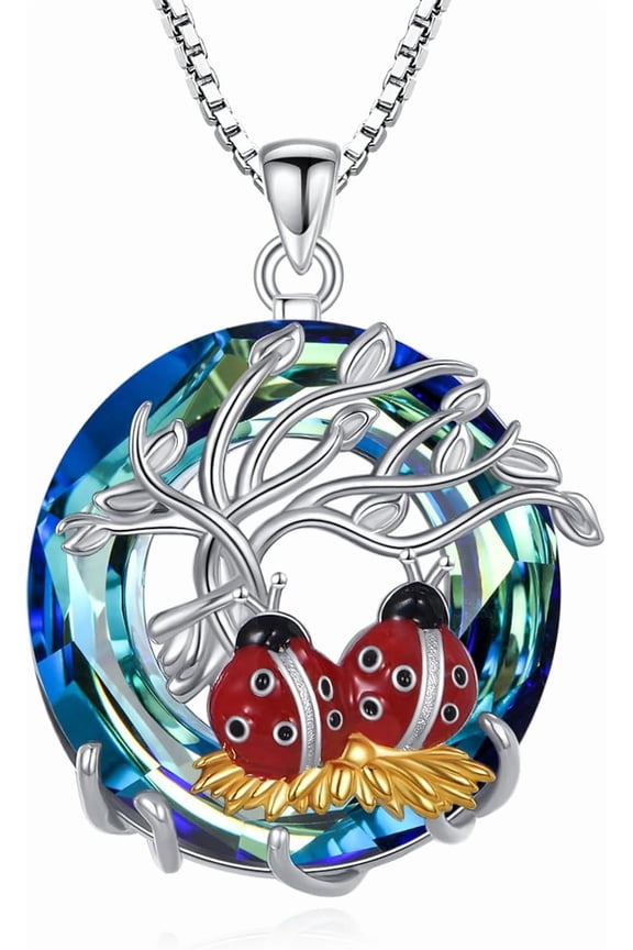 Tree of Life Ladybug Necklace for Women, 925 Sterling Silver Blue Crystal Ladybug Pendant Necklaces Birthday Mothers Day Christmas Jewelry Gifts for Her Mom Wife 18+2 inches