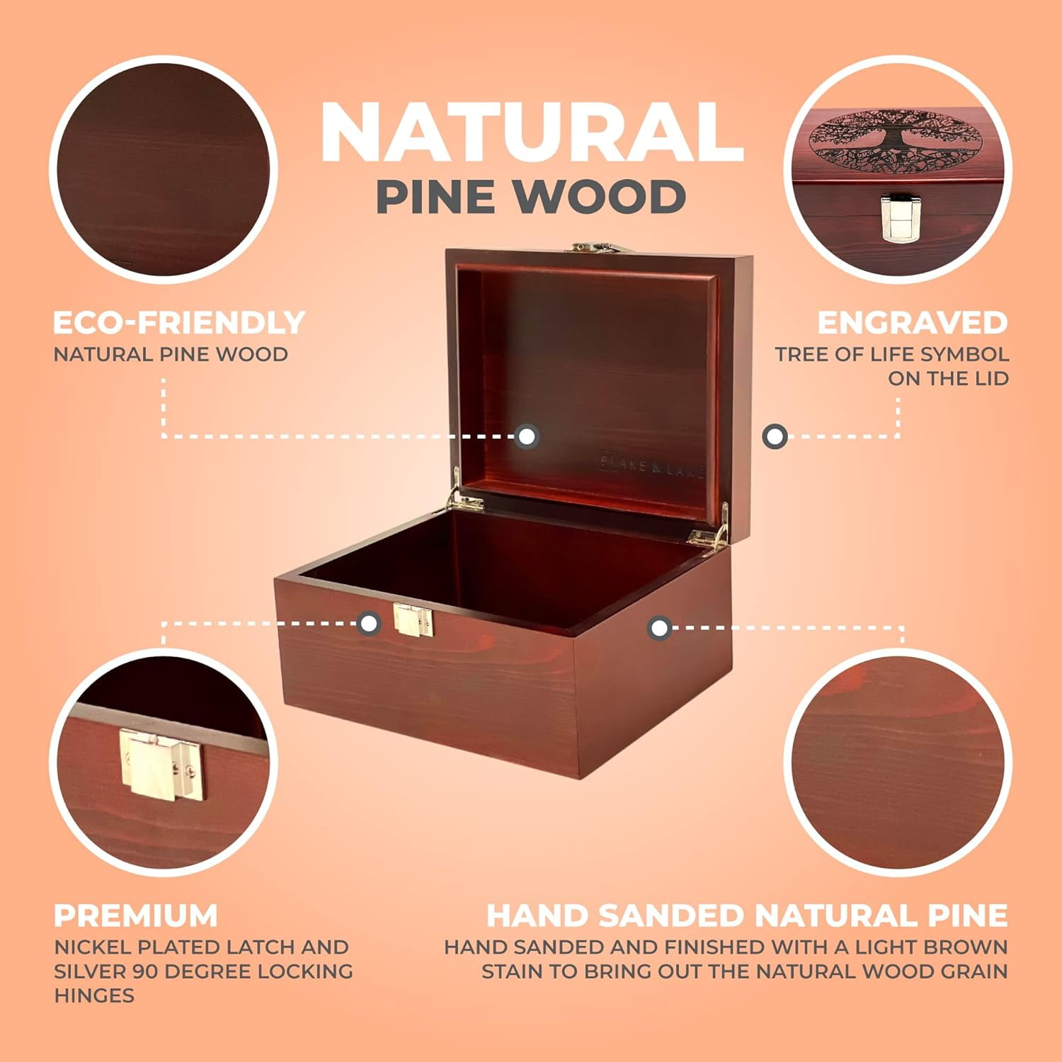 Tree of Life Large Wooden Decorative Box - Handcrafted Keepsake Storage with Hinged Lid and Metal Latch for Jewelry Photos
