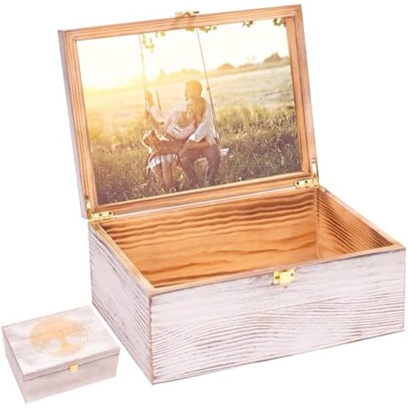 Tree of Life Larger Wooden Memory Keepsake Boxes With Hinged Lids and a photo frame inside the lid Decorative Storage Box With a Hinge Lids For Picture Letter Time Capsule - 5.3“*8.6”*11.7“Vintage R