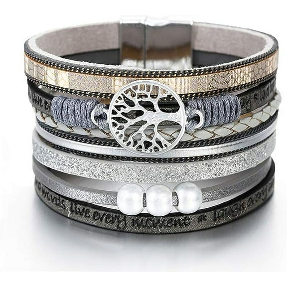 Tree of Life Leather Bracelets for Women.Colorful Multi-Layer Wrapped Wristband Bracelets for Women,Birthday Easter Basket Stuffers Jewelry Gifts for Teens Girls (Grey)