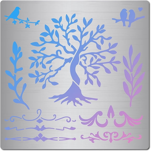 Tree of Life Metal Stencil Stainless Steel Flower Vine Reusable Leaves Templates Bird on Tree Branch Journal Tool for Wood Burning Scrapbooking Wall Furniture Pyrography Engraving Crafts Silver