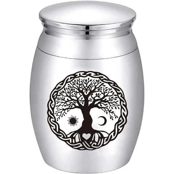 Tree of Life Mini Cremation Urn Small Keepsake Urns Ashes Holder Moon Sun Alloy Sharing Funeral Urn Kit Memorials Miniature Container Decorative Urn for Female Male Pets 1.6x1.2Inch-Silvery