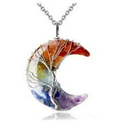 Tree of Life Necklace Wire Wrapped Crescent Moon Stone Pendant Necklaces 7 Chakra Healing Crystal Necklace Natural Resin Reiki Spiritual Quartz Gemstone Jewelry for Women Men gift