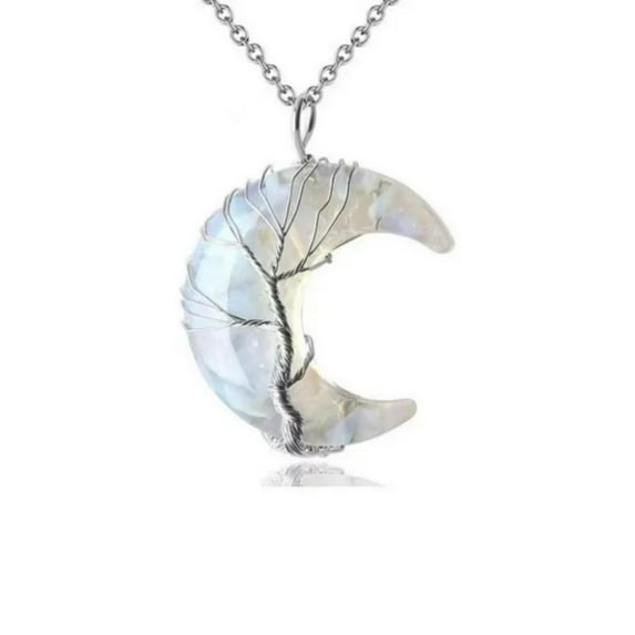 HESHPAWS Tree of Life Necklace, Wire Wrapped Crescent Moon Stone Pendant with 7 Chakra Healing Crystals (Women's)