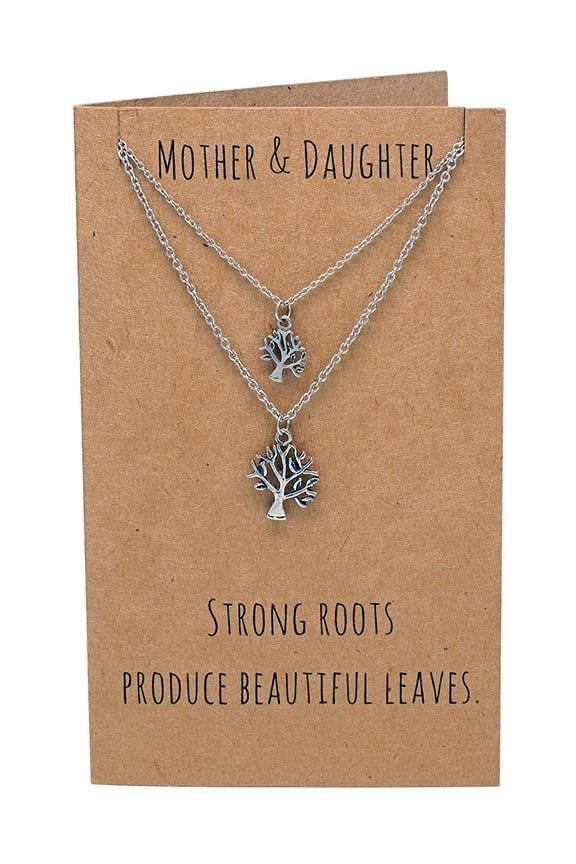 Tree of Life Pendant Mother Daughter Necklace Set for 2, Birthday Presents for Mom and Daughters, Mothers Day Gifts, with Inspiration Quote on Greeting Card