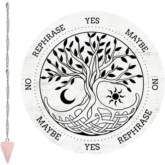 Tree of Life Pendulum Board Dowsing Divination Metaphysical Message Board 7.9Inch Wooden Carven Board with Rose Quartz Crystal Dowsing Pendulum Necklace Witchcraft Wiccan Altar Supplies Kit DIY