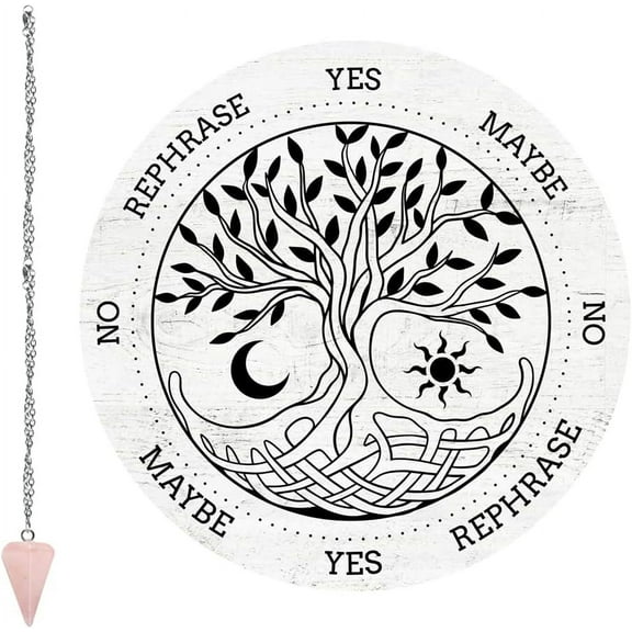 Tree of Life Pendulum Board Dowsing Divination Metaphysical Message Board 7.9Inch Wooden Carven Board with Rose Quartz Dowsing Pendulum Necklace Supplies Kit DIY Making