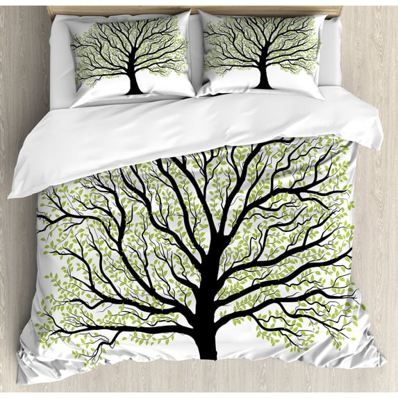 Tree of Life Queen Size Duvet Cover Set, Big Old Lush Tree with Lot of Leaves and Branches Nature Growth Eco Art, Decorative 3 Piece Bedding Set with 2 Pillow Shams, Black White Green, by Ambesonne