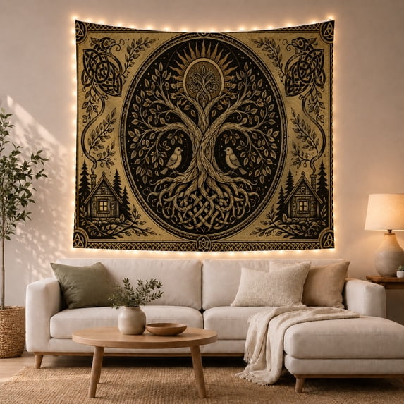 Tree of Life with Ravens Above Celtic Cabins, Mystical Folk Art for Norse Fans, Woodland Home Decor, Housewarming Gift, Tapestry Wall Hanging for Bedroom and Living Room