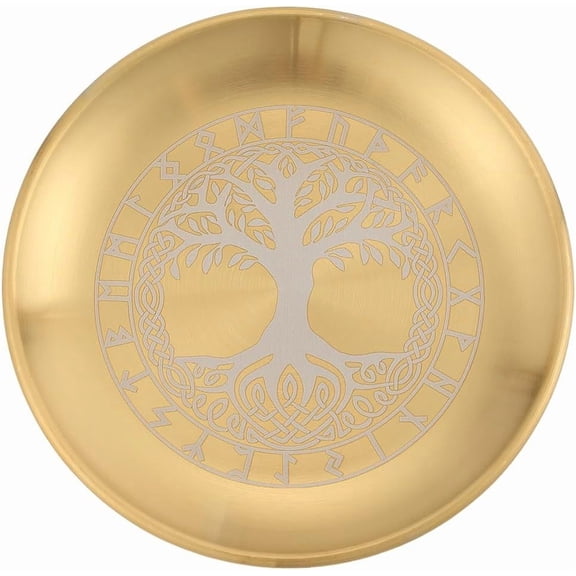 Tree of Life Ritual Plate Dish Stainless Steel Flat Bowl Round Golden Tray Prayer Offering Bowl Dish Candle Holder for Smudging Incense Burner Jewelry Dowsing Divination 5.55Inch Gold