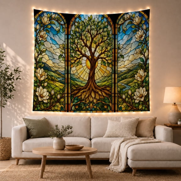 Tree of Life with Roots in Stained Glass Arches, Serene Illustration for Nature Lovers, Nature Wall Art, Housewarming Gift, Tapestry Wall Hanging for Bedroom and Dorm