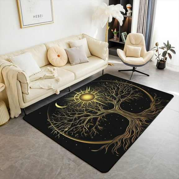 Tree Of Life Rugs,Boho Sun And Moon Exotic Trippy Non Slip Decorative Indoor Mat Rug,Mysterious Nature Tree Starry Golden Black Shedding Rug For Playroom Bedside For Adults Kids 3x4ft