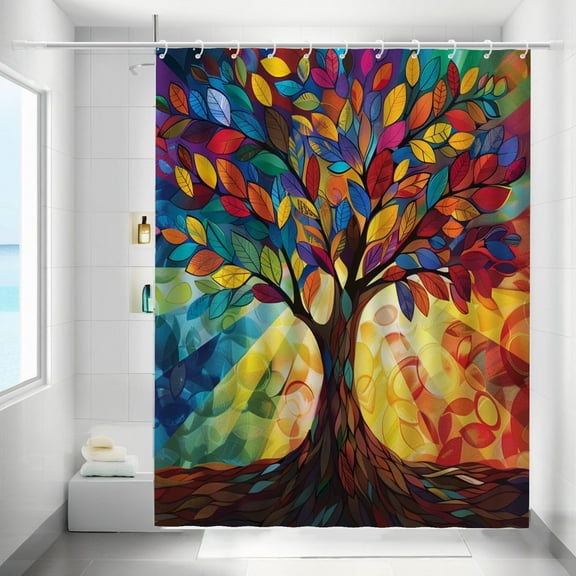 Tree of Life Shower Curtain Modern Abstract Oil Painting Life Tree Waterproof Bathroom Curtains with Hooks Sunshine Colorful Leaves Seasons Tree Bathtub Curtain Men Women Bath Decor