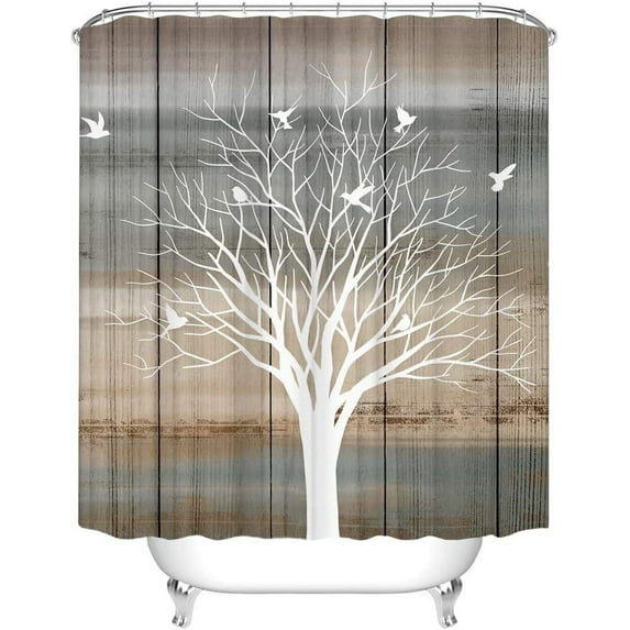 Tree of Life Shower Curtain Silhouette Tree Birds with Rustic Wood Board Bath Curtain Vintage Countryside Farmhouse Bathroom Decor Waterproof Fabric with Hooks 72"x72"