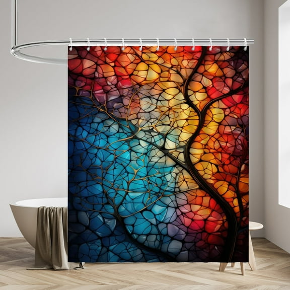 Tree of Life Shower Curtain Stained Glass Colorful Tree Waterproof Bathroom Curtains with Plastic Hooks Abstract Modern Rainbow Glass Bathtub Curtain Men Women Bath Decor