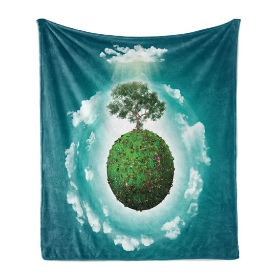 Tree of Life Soft Flannel Fleece Blanket, Grassy Globe World with Plant Clouds in Air Science Fiction Mother Earth, Cozy Plush for Indoor and Outdoor Use, 50" x 60", Green Blue White, by Ambesonne