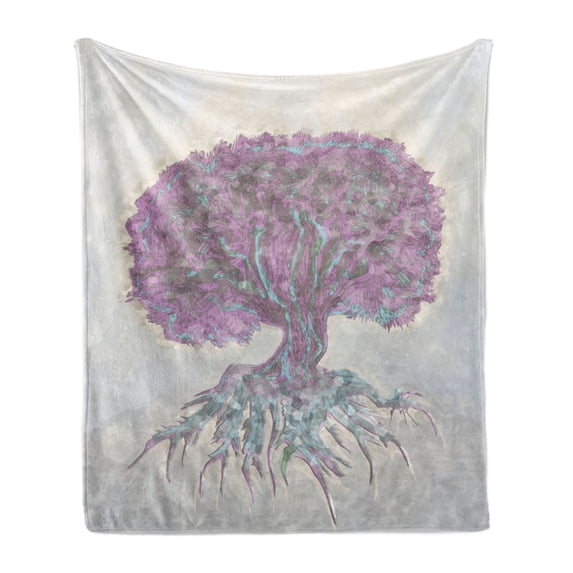 Tree of Life Soft Flannel Fleece Blanket, Watercolors Style Print of Old Plant with Bokeh Design Majestic Roots Nature, Cozy Plush for Indoor and Outdoor Use, 70" x 90", Grey Purple, by Ambesonne
