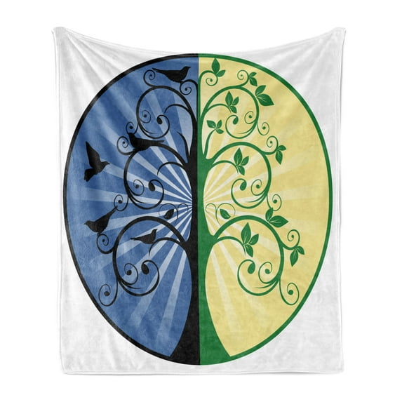 Tree of Life Soft Flannel Fleece Blanket, Yin Yang Life and Death Tree in Different Colors with Bird Silhouettes, Cozy Plush for Indoor and Outdoor Use, 50" x 70", Green Blue Black, by Ambesonne