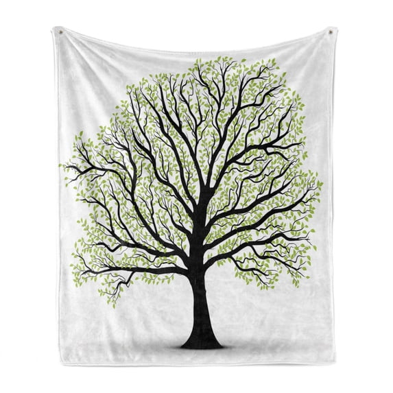Tree of Life Soft Flannel Fleece Throw Blanket, Big Old Leaves and Branches Nature Growth Ecology Themed Artwork, Cozy Plush for Indoor and Outdoor Use, 60" x 80", Black White Green, by Ambesonne