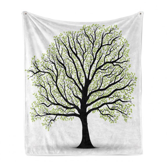 Tree of Life Soft Flannel Fleece Throw Blanket, Big Old Leaves and Branches Nature Growth Ecology Themed Artwork, Cozy Plush for Indoor and Outdoor Use, 70" x 90", Black White Green, by Ambesonne
