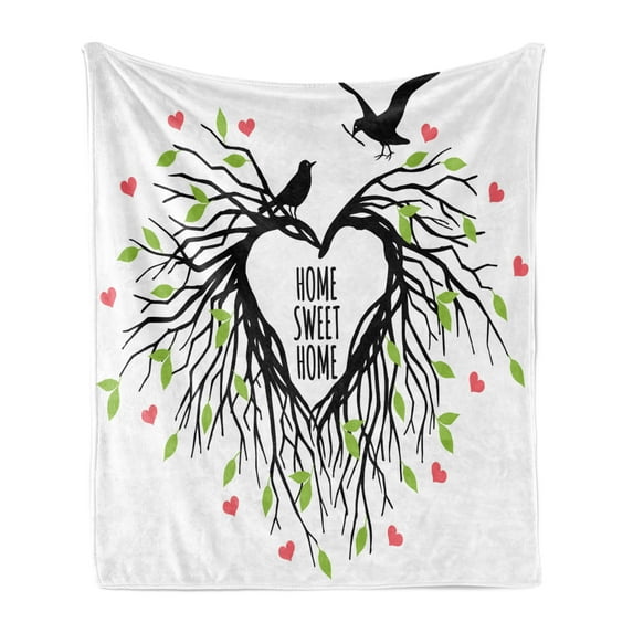 Tree of Life Soft Flannel Fleece Throw Blanket, Heart Shaped Bird Nest Home Words Hope Family Partners in Nature, Cozy Plush for Indoor and Outdoor Use, 50" x 70", Black Green Pink, by Ambesonne