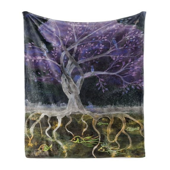 Tree of Life Soft Flannel Fleece Throw Blanket, Psychedelic Mysterious Nature at Night Birds and Fishes Home Artwork, Cozy Plush for Indoor and Outdoor Use, 70" x 90", Multicolor, by Ambesonne