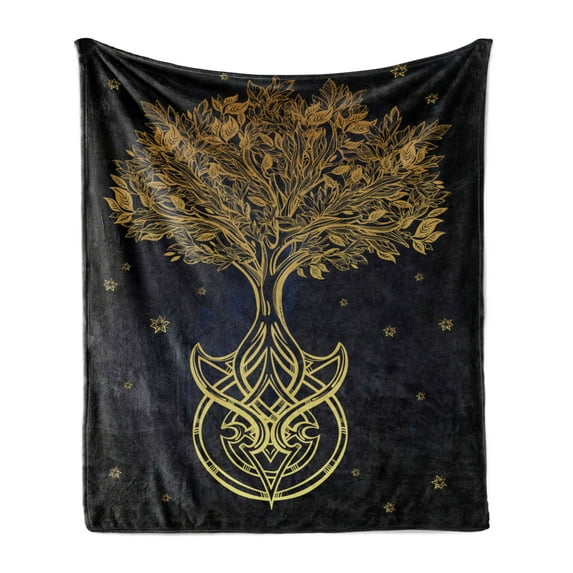 Tree of Life Soft Flannel Fleece Throw Blanket, Romantic Plant Night with Stars in Sky Baroque Mystic Tribal, Cozy Plush for Indoor and Outdoor Use, 60" x 80", Dark Blue Yellow, by Ambesonne