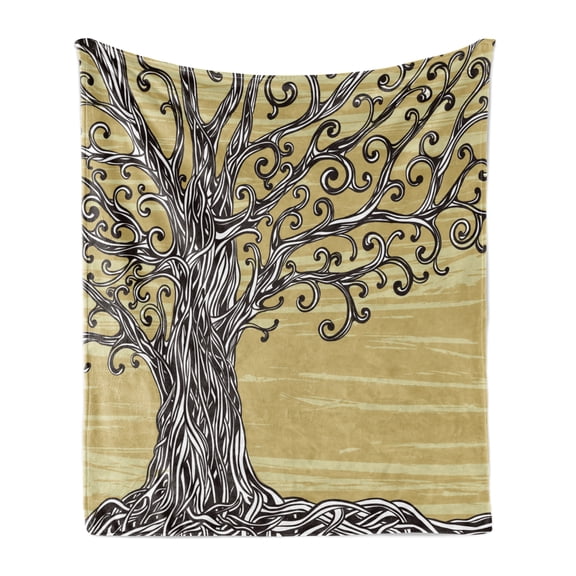 Tree of Life Soft Flannel Fleece Throw Blanket, Swirled Twists Rustic Oak Branches Nature Eco Sketch Illustration, Cozy Plush for Indoor and Outdoor Use, 60" x 80", Mustard Brown, by Ambesonne
