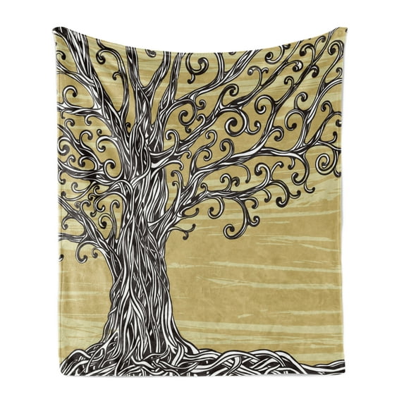 Tree of Life Soft Flannel Fleece Throw Blanket, Swirled Twists Rustic Oak Branches Nature Eco Sketch Illustration, Cozy Plush for Indoor and Outdoor Use, 70" x 90", Mustard Brown, by Ambesonne