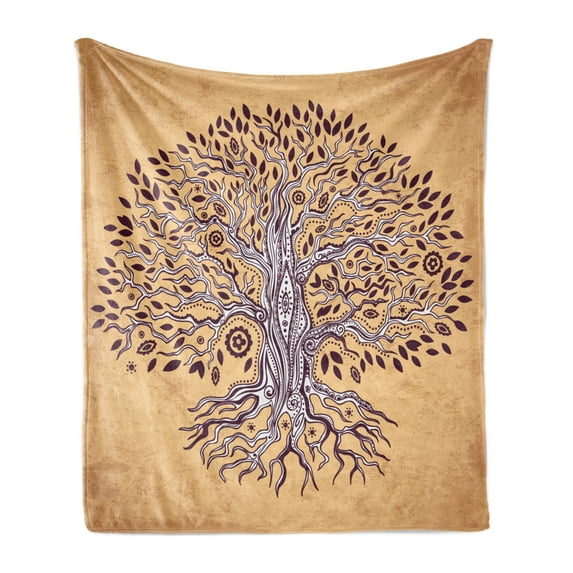 Tree of Life Soft Flannel Fleece Throw Blanket, Vintage Inspired Modern Graphic of an Aged Plant Swirling Branches Print, Cozy Plush for Indoor and Outdoor Use, 50" x 70", Cream Brown, by Ambesonne
