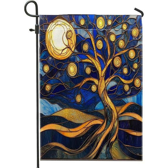 Tree of Life Stained Glass Burlap Garden Flag, Double Sided, Abstract Psychedelic Art, 12 x 18 Inch Small House Flag for Porch, Lawn, Front or Backyard