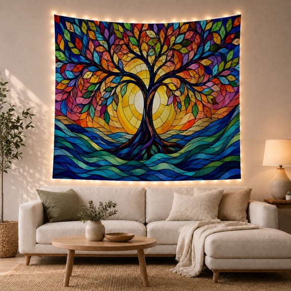 Tree of Life Stained Glass in Golden Sunset with Colorful Waves, Peaceful Boho Art for Nature Lovers, Mystical Decor Accent, Housewarming Gift, Tapestry Wall Hanging for Living Room and Bedroom
